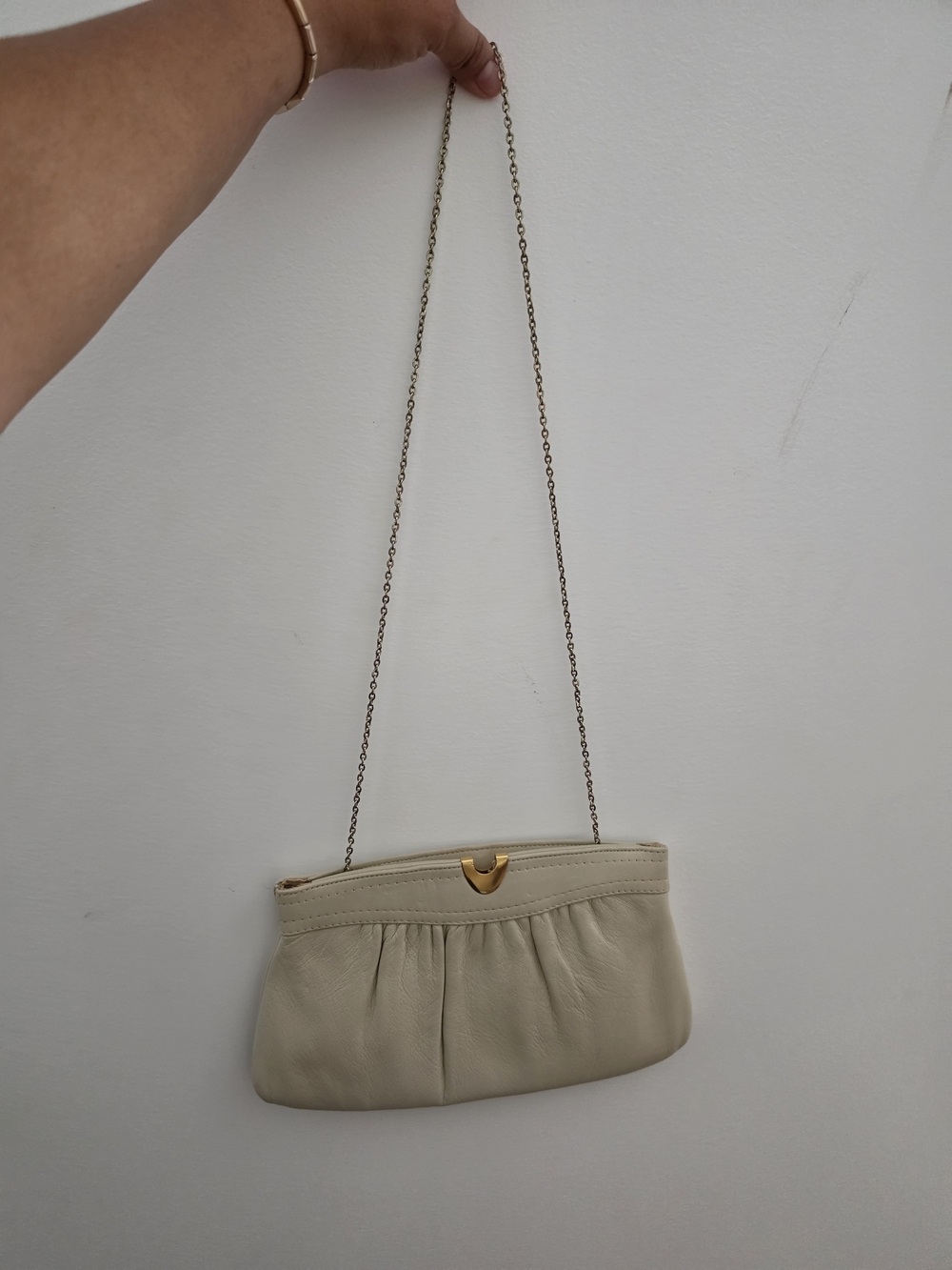 Vintage Cream Leather Clutch with Gold Chain